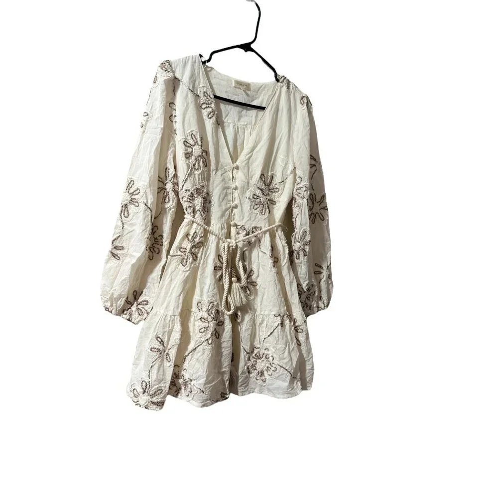 Camellia Embroidered 3D Floral Cottage Mini Dress Women Medium Cream Puff Sleeve - Picture 15 of 16